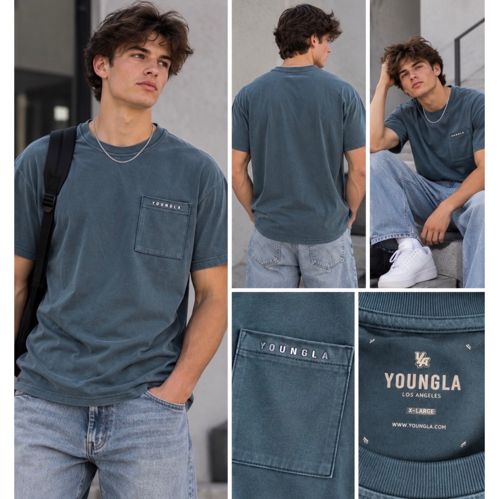 YoungLA Mens Model 406 Pocket Tee Shirt Slate Blue Gray Curved Hem XL